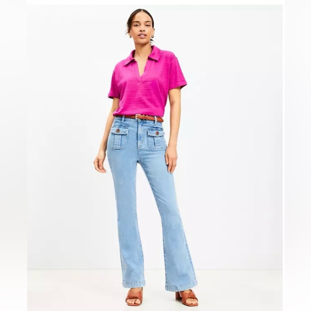 LOFT High Rise Patch Pocket Slim Flare Jeans in Light Wash